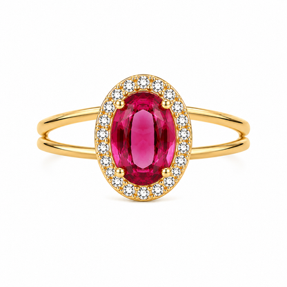 Anel Pedra Oval Rubi Cravejado Ouro 18k