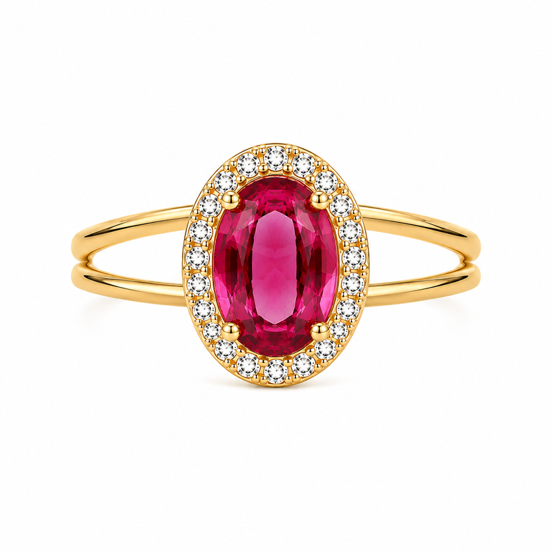 Anel Pedra Oval Rubi Cravejado Ouro 18k
