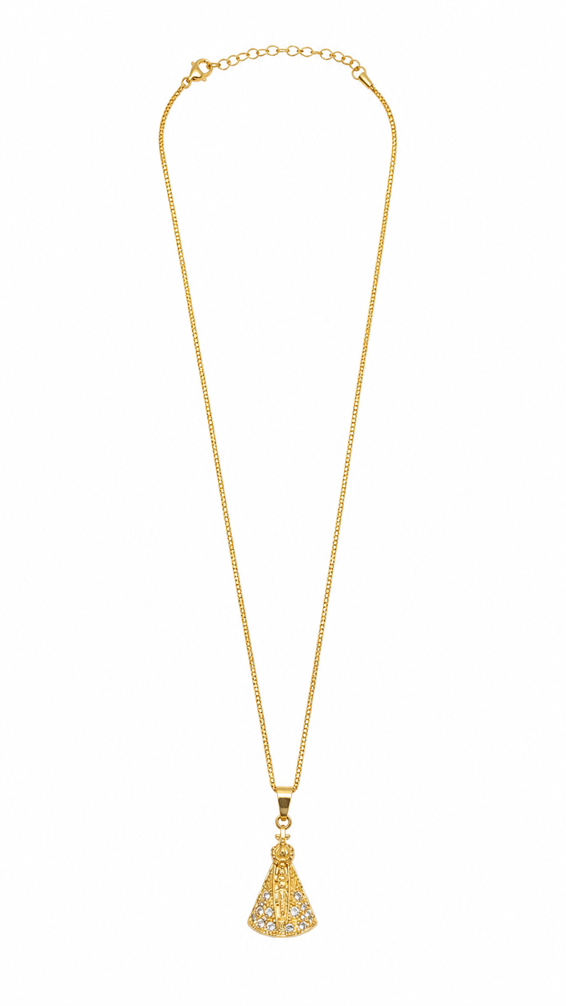 Colar Nossa Senhora Manto Zircônia Cristal Ouro 18k