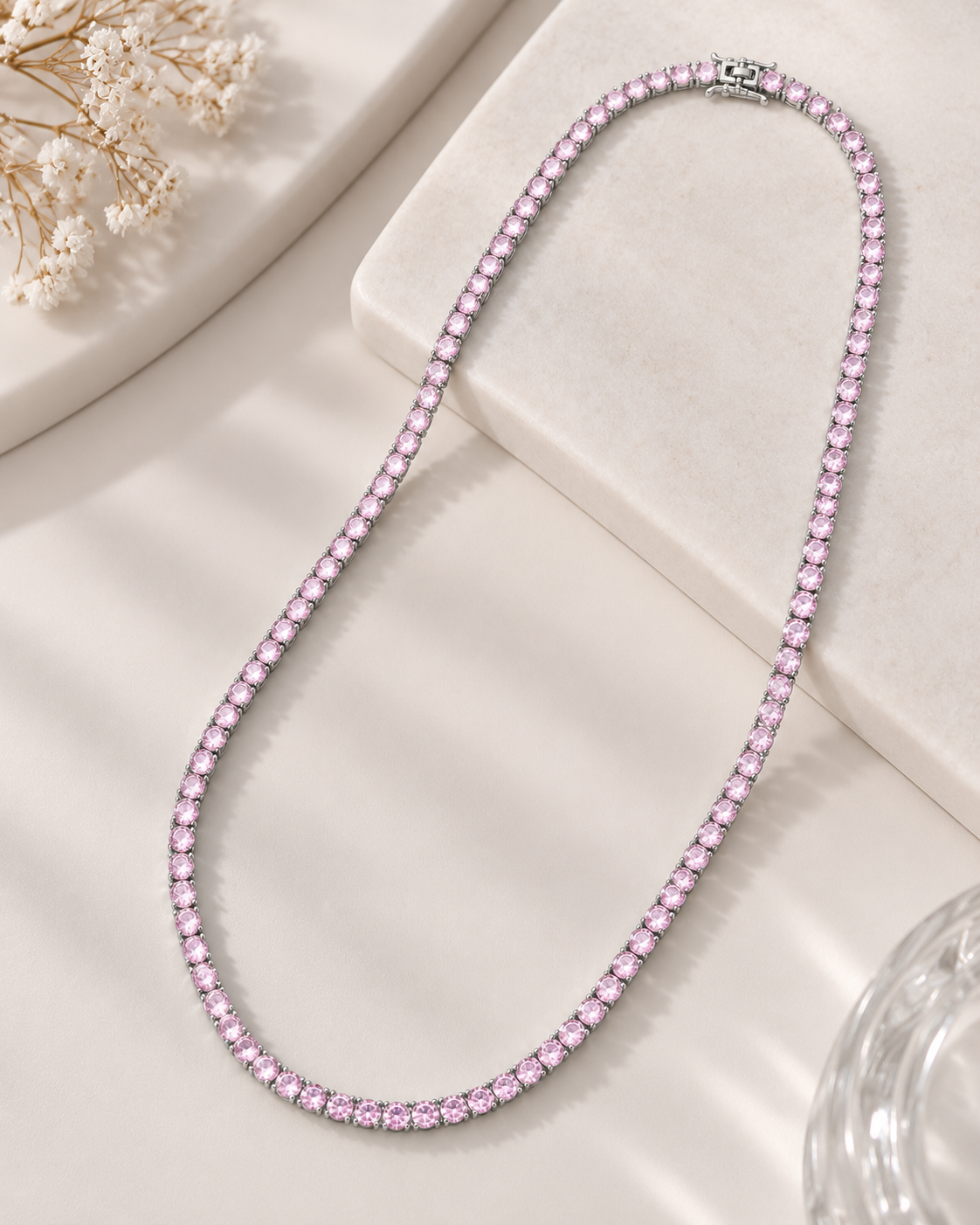 Colar Riviera Três Pontas Quartzo Rosa Ródio Branco