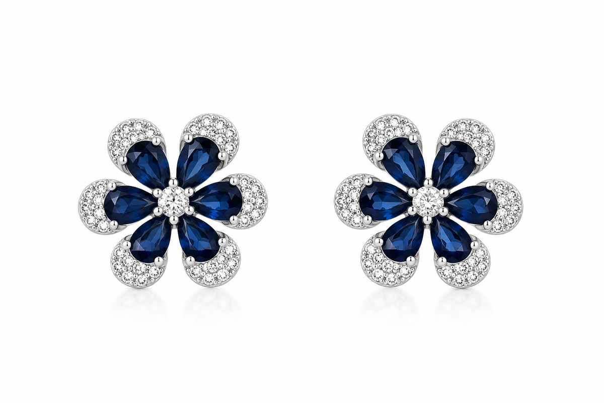 Brinco Flor Azul Safira Cravejada Prata 925