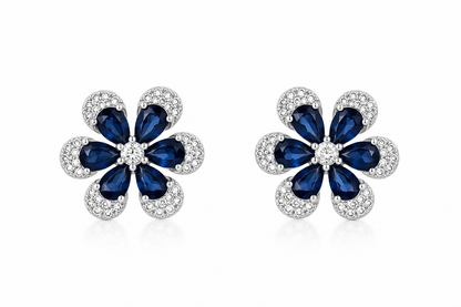 Brinco Flor Azul Safira Cravejada Prata 925