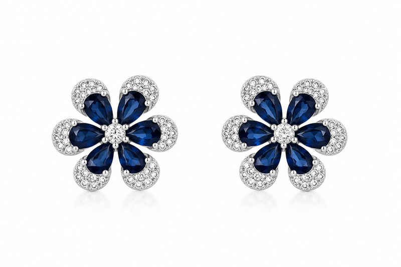 Brinco Flor Azul Safira Cravejada Prata 925
