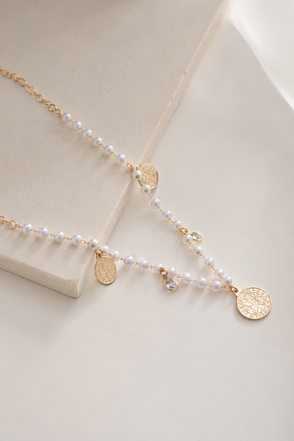 Colar Corações com Pérola São Bento Ouro 18k