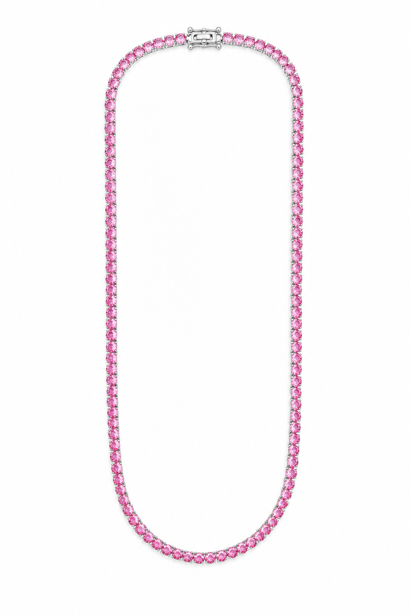 Colar Riviera Três Pontas Pink Ródio Branco