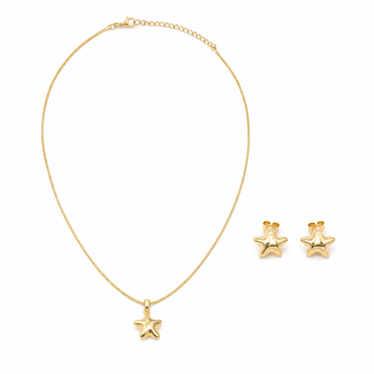 Conjunto Estrela Lisa Ouro 18k