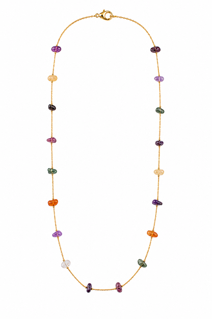 Colar Longo Veneziana Cascalho Colorido Natural Ouro 18k