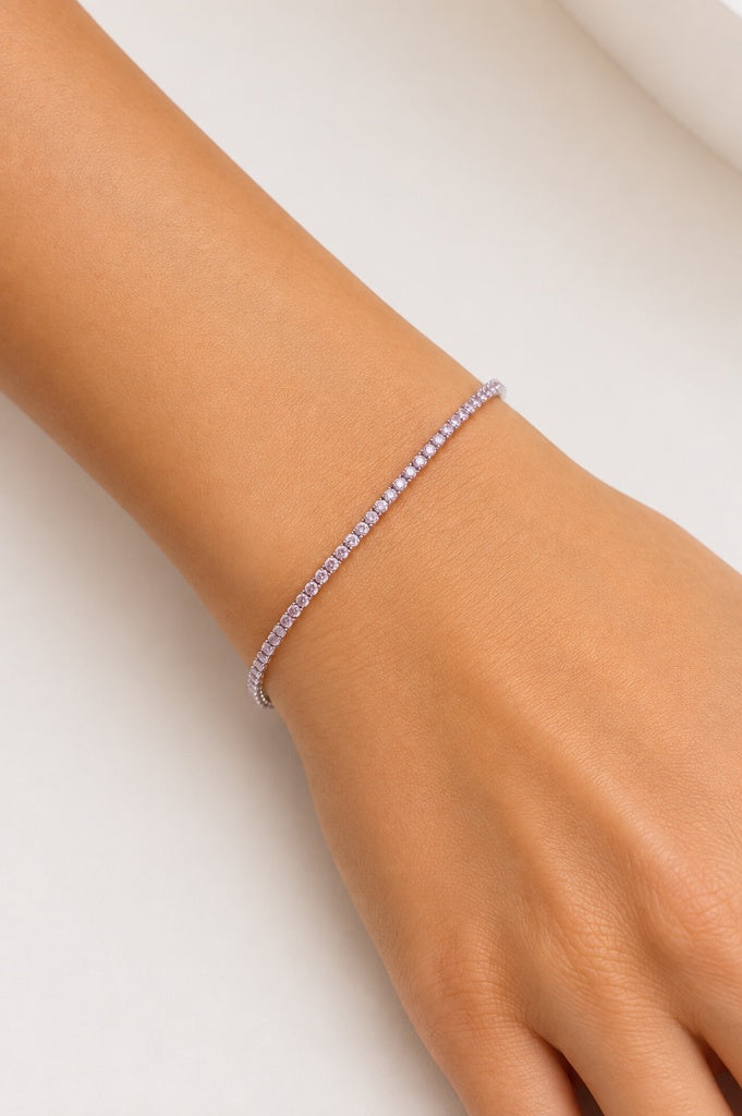 Pulseira Riviera Quartzo Rosa 2mm Ródio Branco