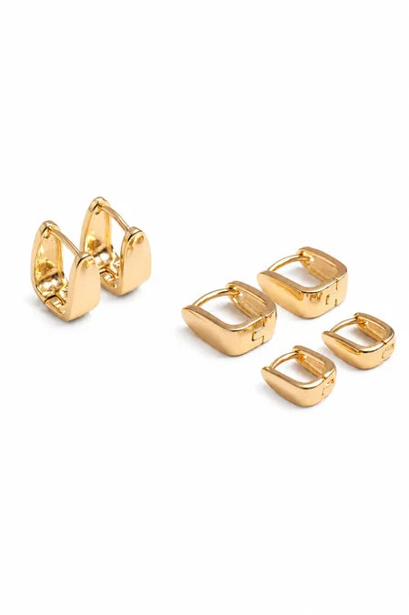 Brinco Trio Click Quadrado Liso Ouro 18k
