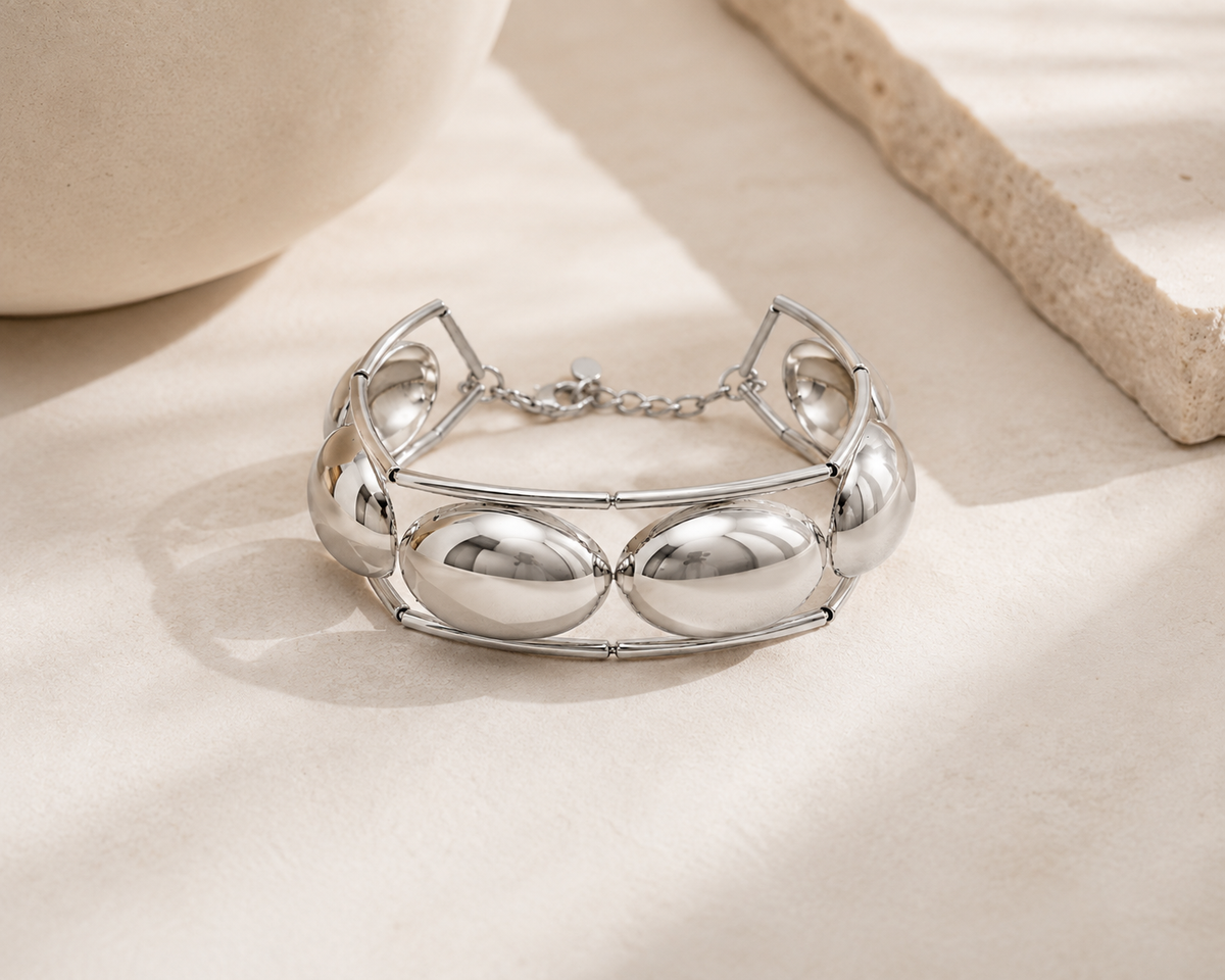 Pulseira Canutilho Peças Ovais Ródio Branco