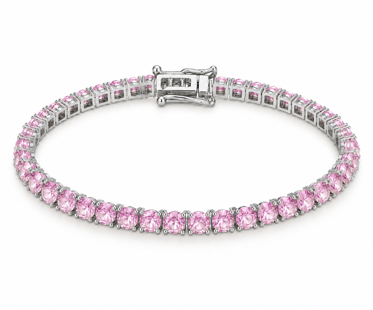 Pulseira Riviera Três Pontas Quartzo Rosa Ródio Branco