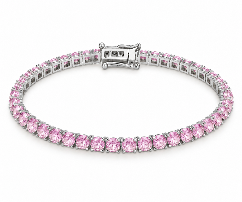 Pulseira Riviera Três Pontas Quartzo Rosa Ródio Branco