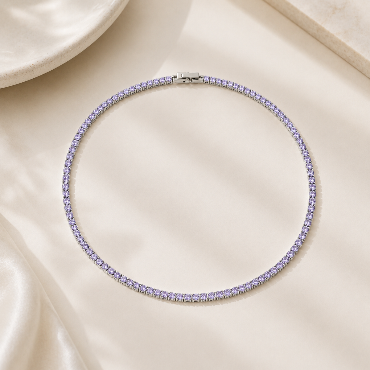 Colar Riviera Quartzo Lilas 2mm Ródio Branco