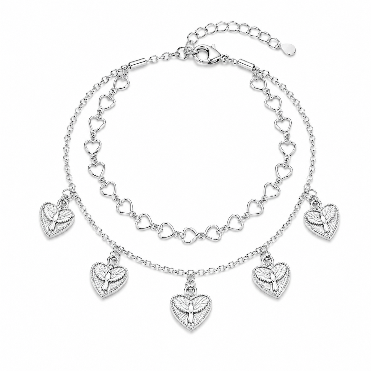 Pulseira Dupla Coração com Espírito Santo Ródio Branco