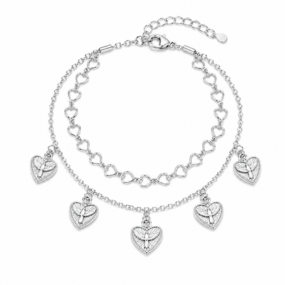 Pulseira Dupla Coração com Espírito Santo Ródio Branco