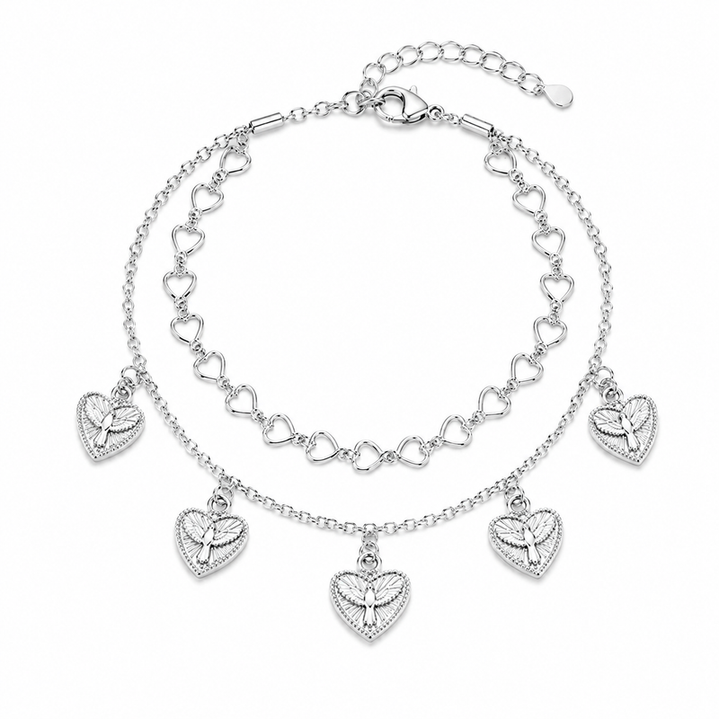 Pulseira Dupla Coração com Espírito Santo Ródio Branco