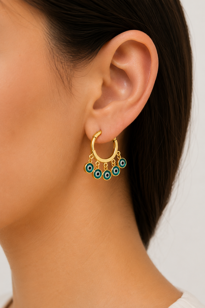 Brinco Argola Olho Grego Azul Claro Ouro 18k