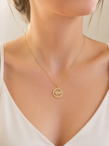 Colar Dois Corações Cravejado Ouro 18k