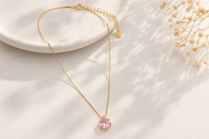 Colar Ponto de Luz Zircônia Quartzo Rosa Ouro 18k