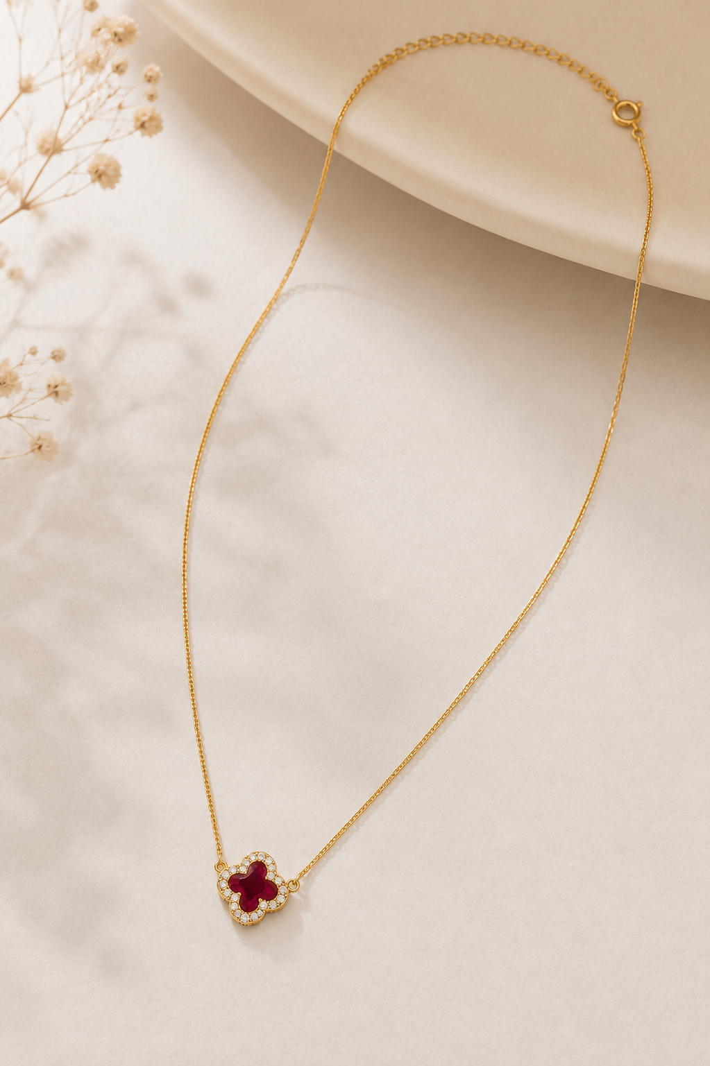 Colar Trevo Ruby Com Micro Zircônia Ouro 18k
