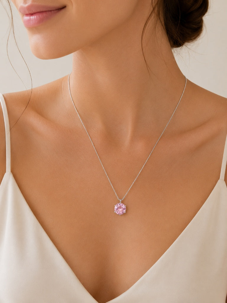 Colar Ponto de Luz Zircônia Quartzo Rosa Ródio Branco