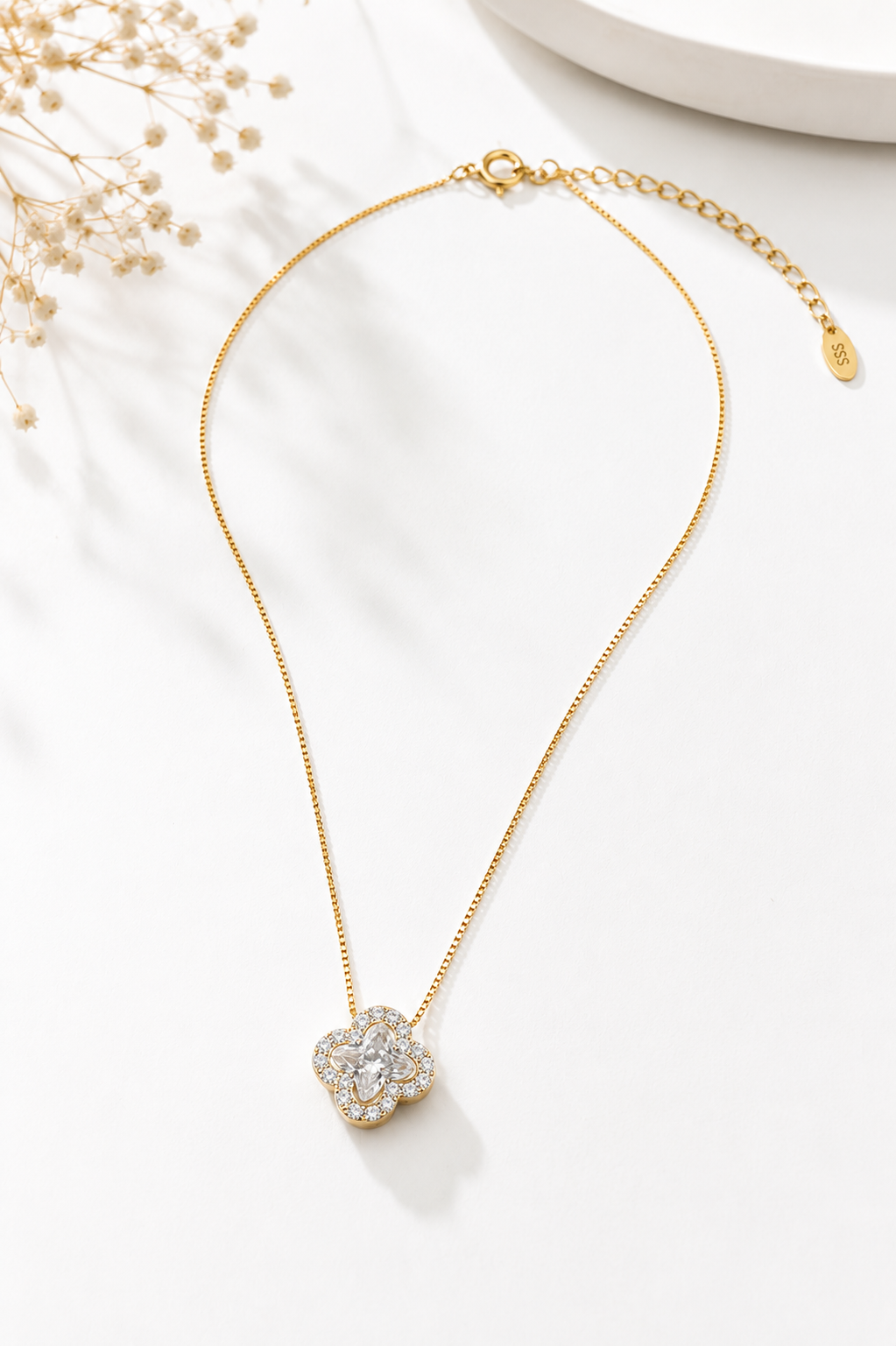 Colar Trevo Cristal Com Micro Zircônia Ouro 18k