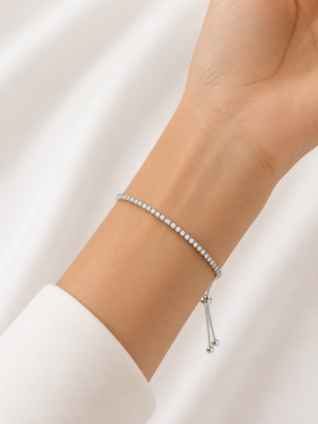 Pulseira Riviera 2mm Cristal Regulável Ródio Branco