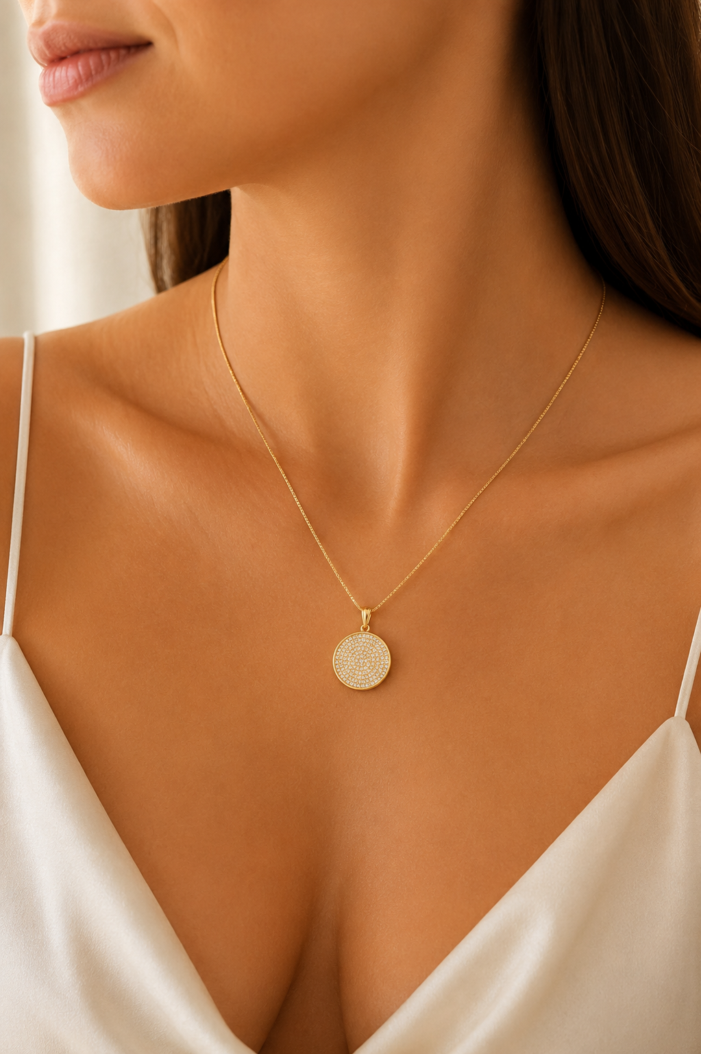 Colar Veneziana com Pingente Círculo Cravejado Ouro 18k