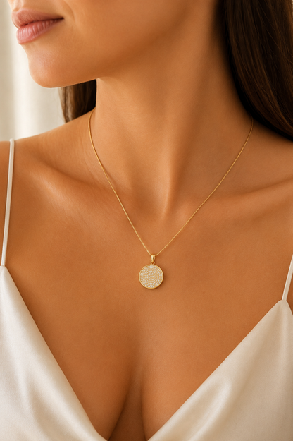 Colar Veneziana com Pingente Círculo Cravejado Ouro 18k