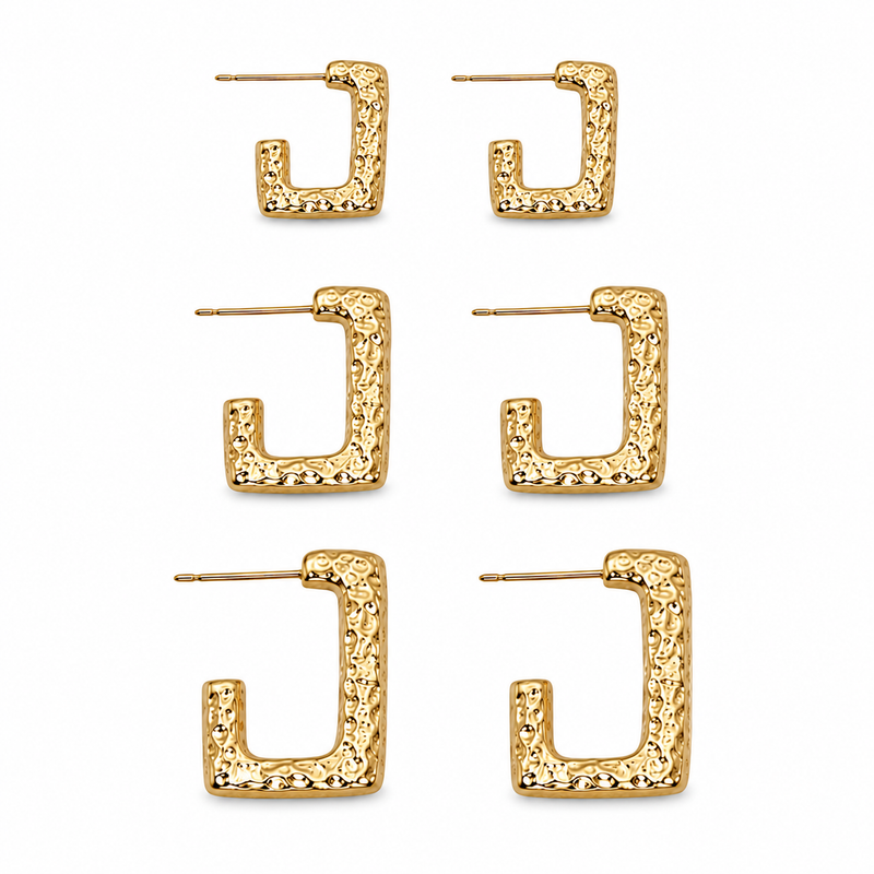 Brinco Trio Argola Retangular Martelada MontClair Ouro 18k