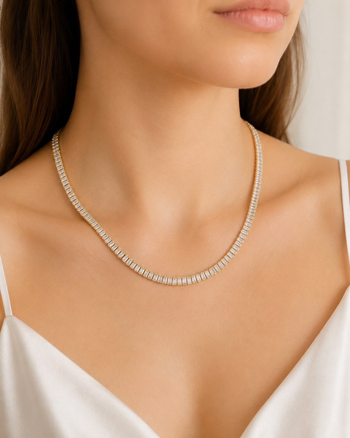Colar Baguete Cristal 4mm Ouro 18k