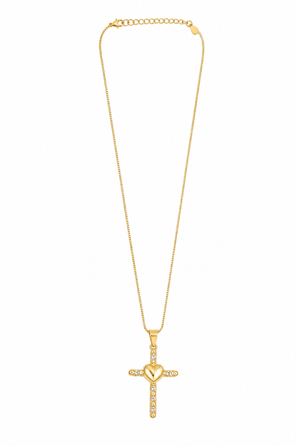 Colar Crucifixo Cravejado com Coração Ouro Liso 18k