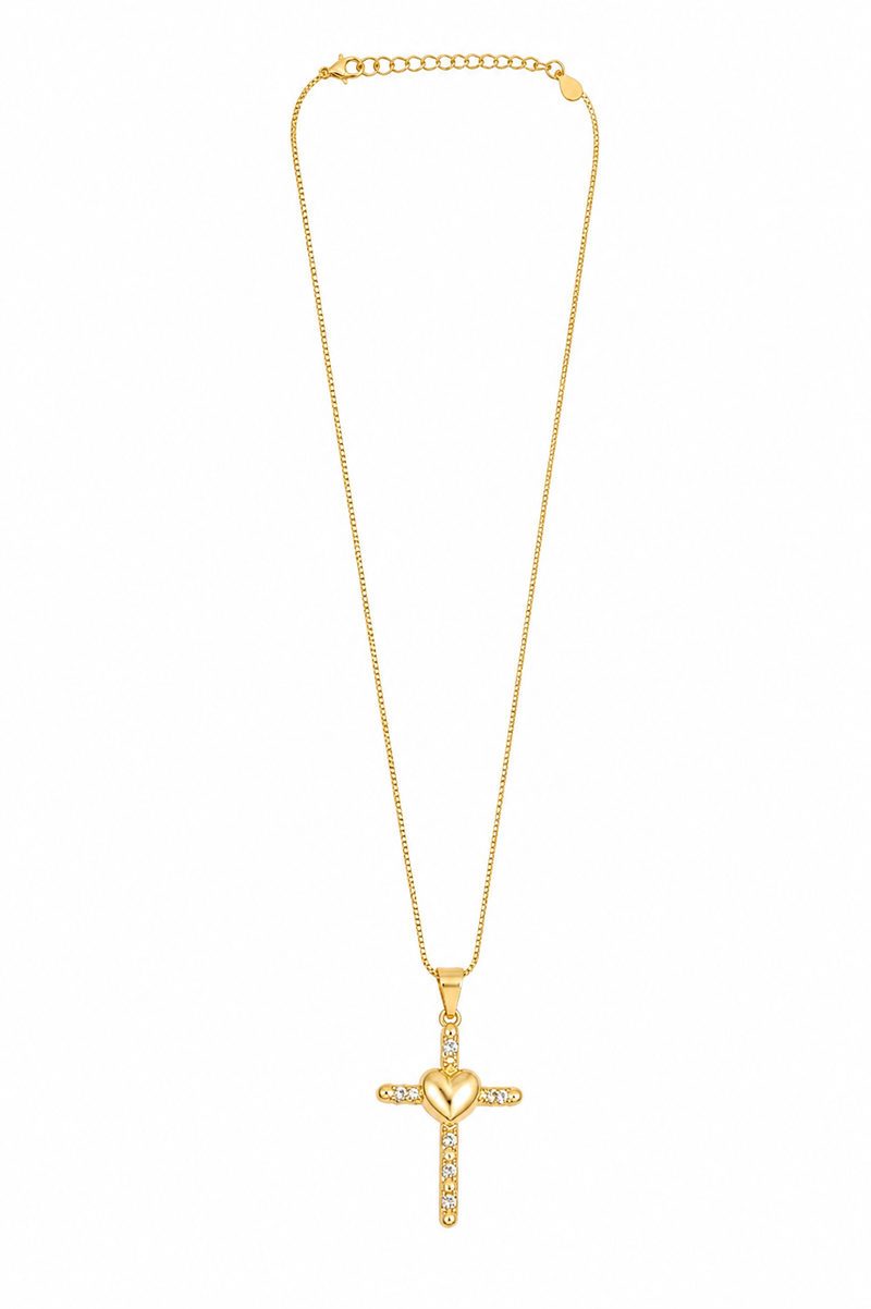Colar Crucifixo Cravejado com Coração Ouro Liso 18k