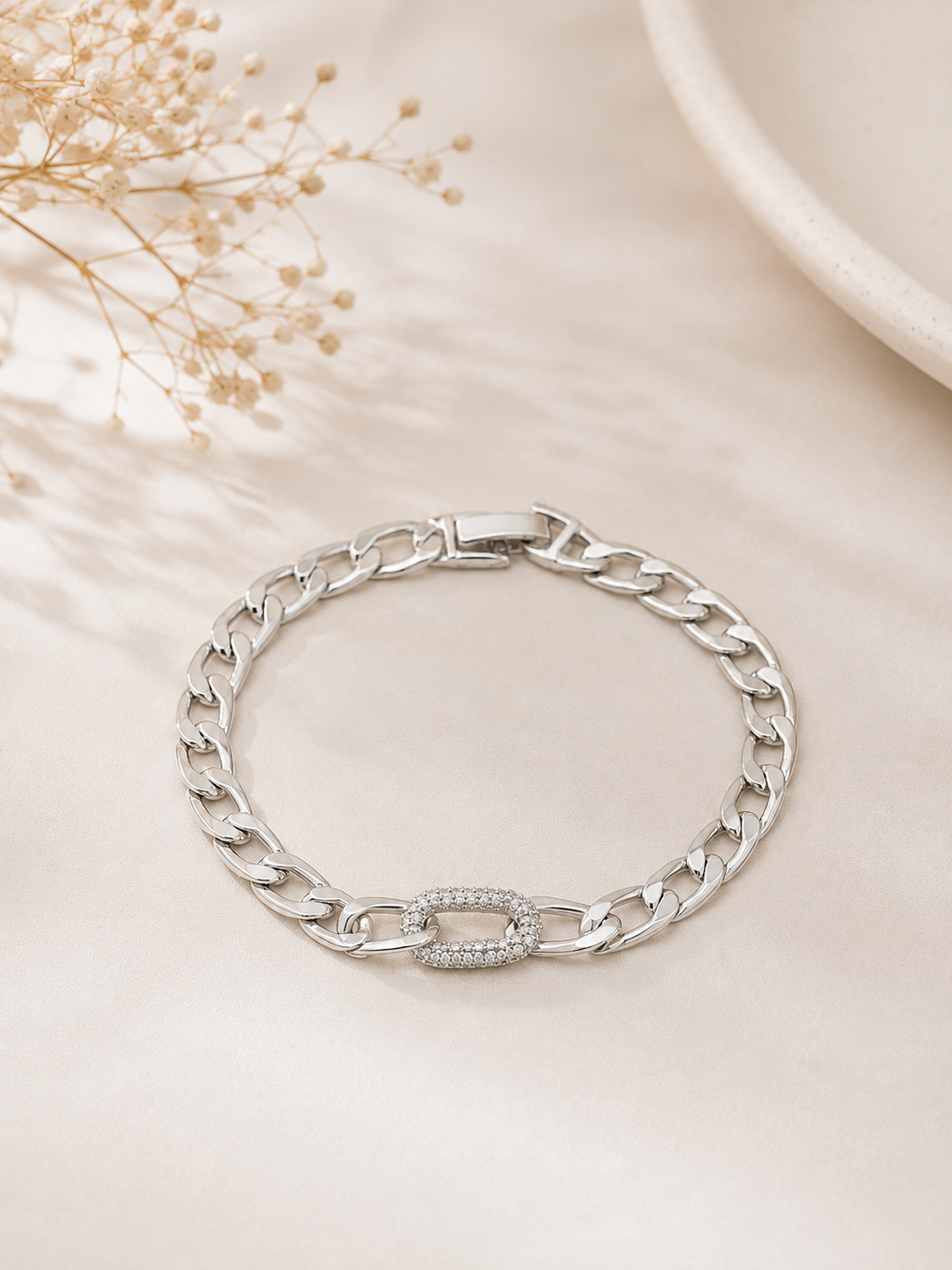 Pulseira Elo Groumet Cravejada Ródio Branco