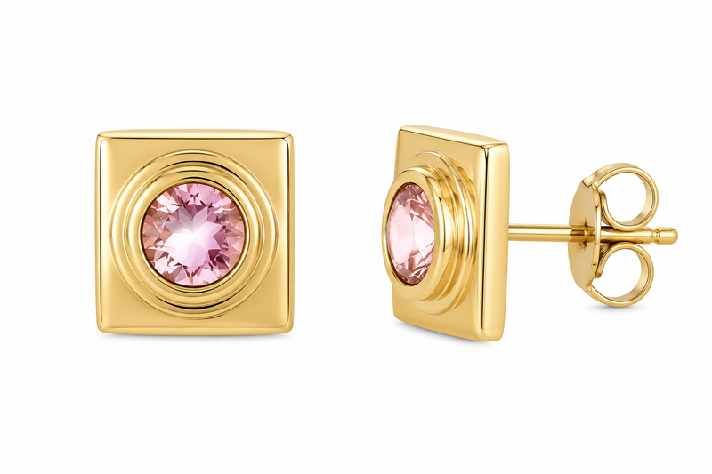 Brinco Quadrado Quartzo Rosa Ouro 18k