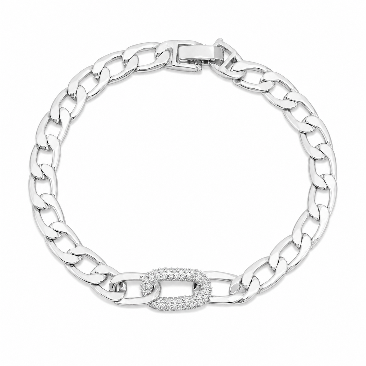 Pulseira Elo Groumet Cravejada Ródio Branco