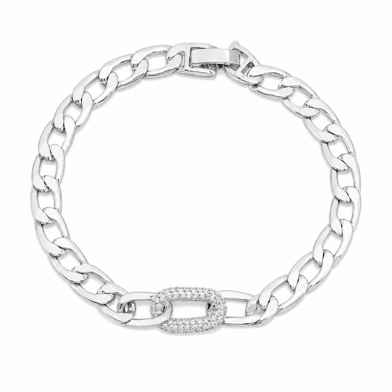 Pulseira Elo Groumet Cravejada Ródio Branco