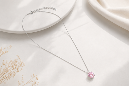 Colar Ponto de Luz Zircônia Quartzo Rosa Ródio Branco
