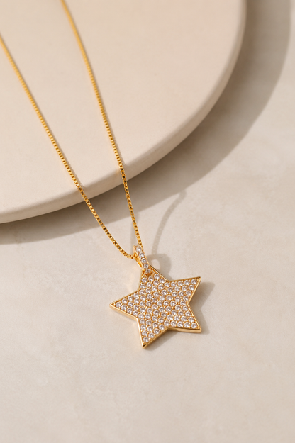 Colar Estrela Cravejada Zircônia Cristal Ouro 18k
