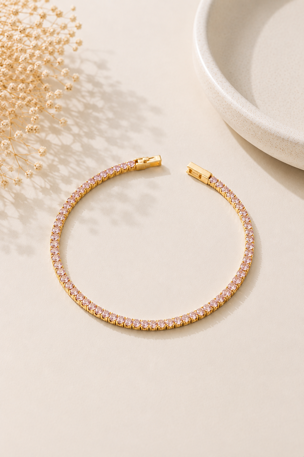Pulseira Riviera Quartzo Rosa 2mm Ouro 18k
