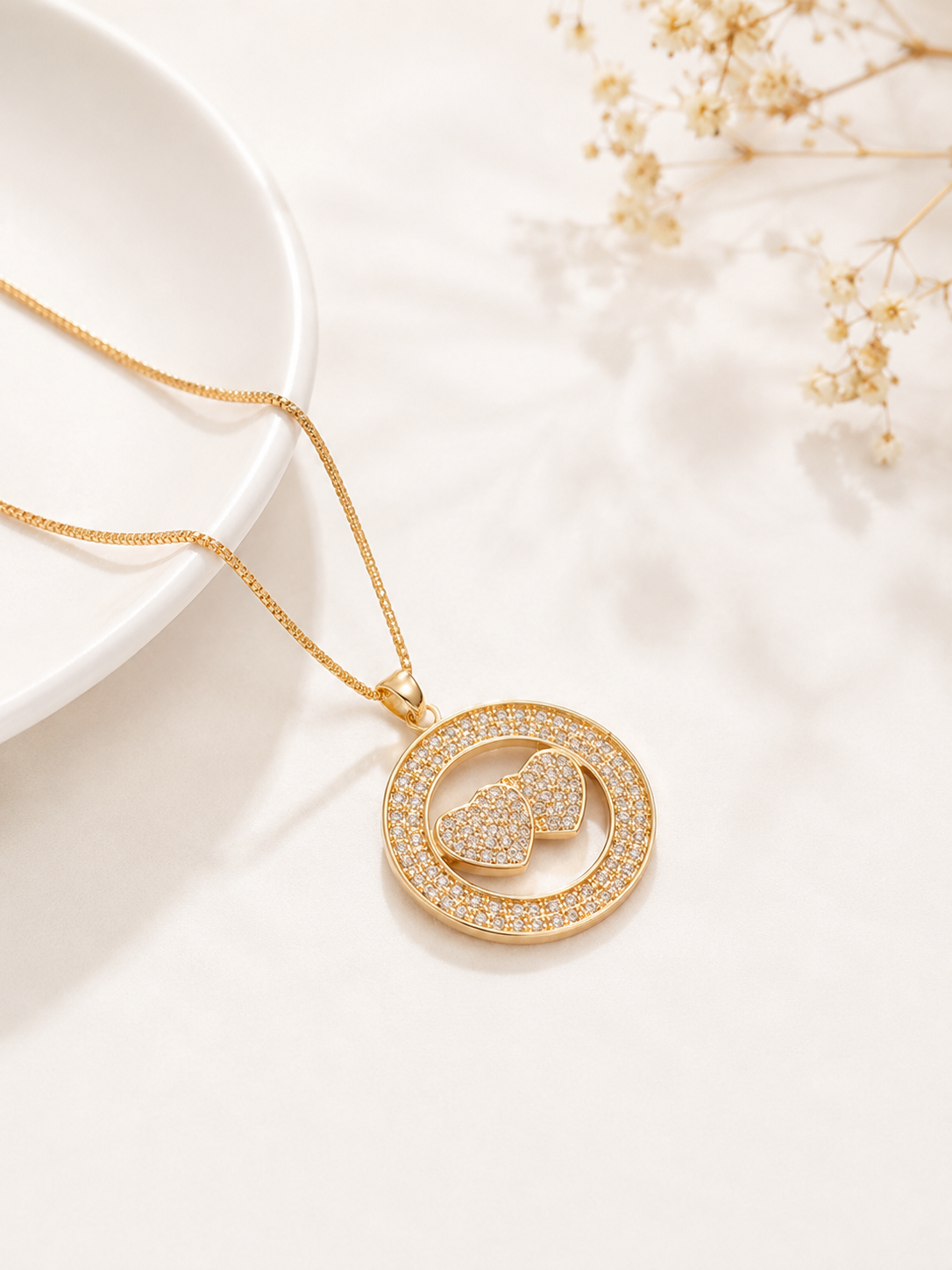 Colar Dois Corações Cravejado Ouro 18k