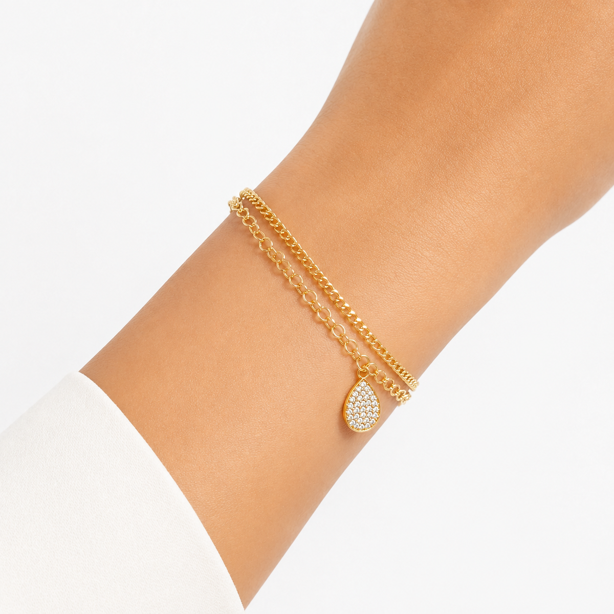 Pulseira Dupla Elo Coração + Groumet com Gota Cravejada MontClair Ouro 18k