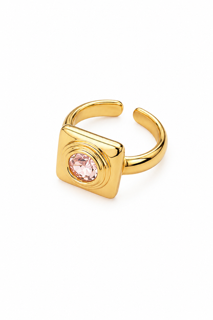 Anel Quadrado Quartzo Rosa Ouro 18k