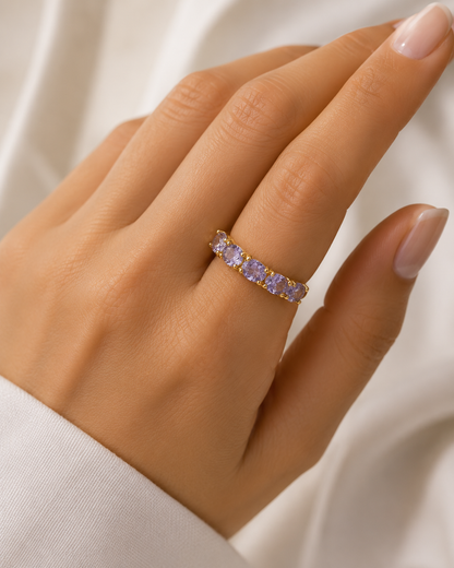 Anel Rainbow Meia Aliança Ametista Ouro 18k