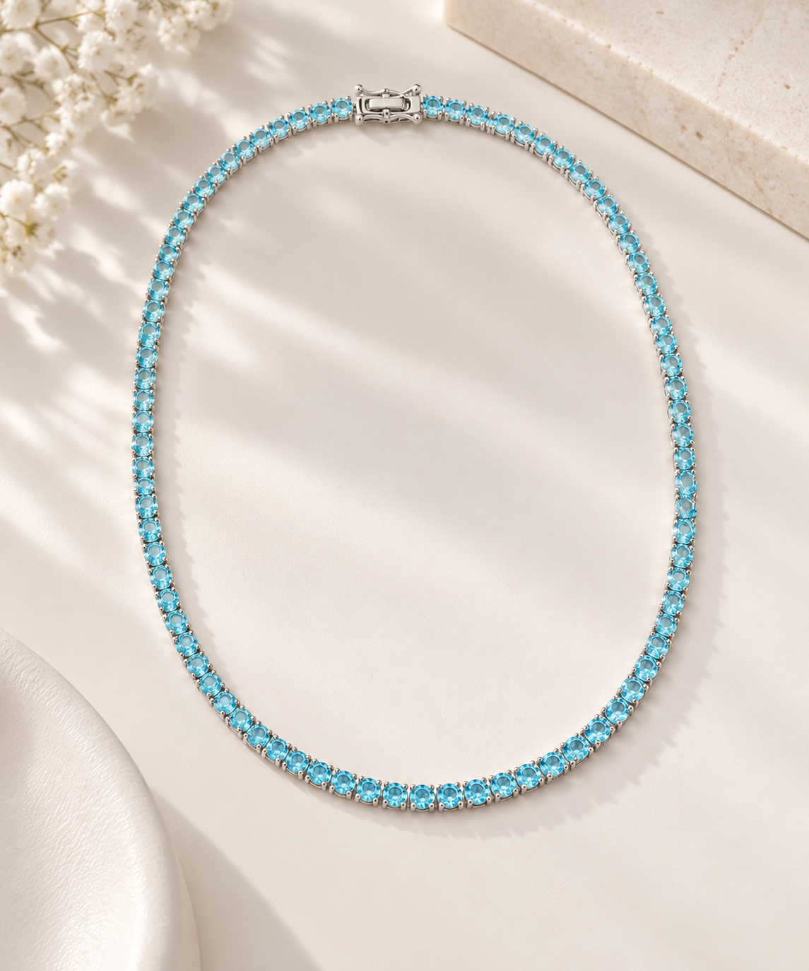Colar Riviera Três Pontas Aquamarine Ródio Branco