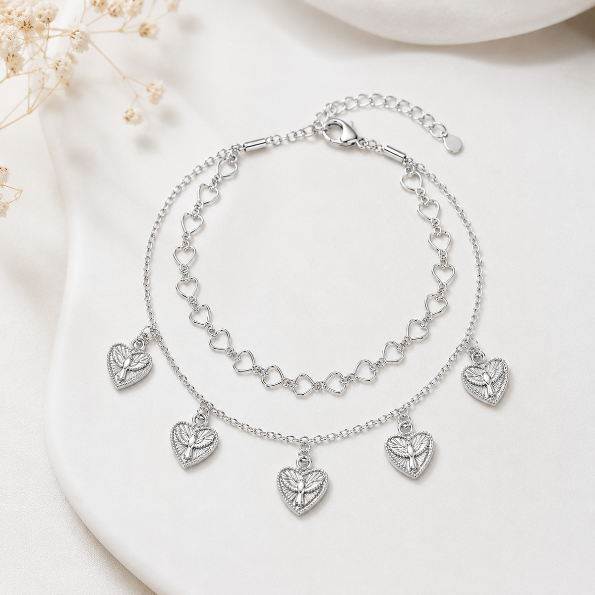 Pulseira Dupla Coração com Espírito Santo Ródio Branco