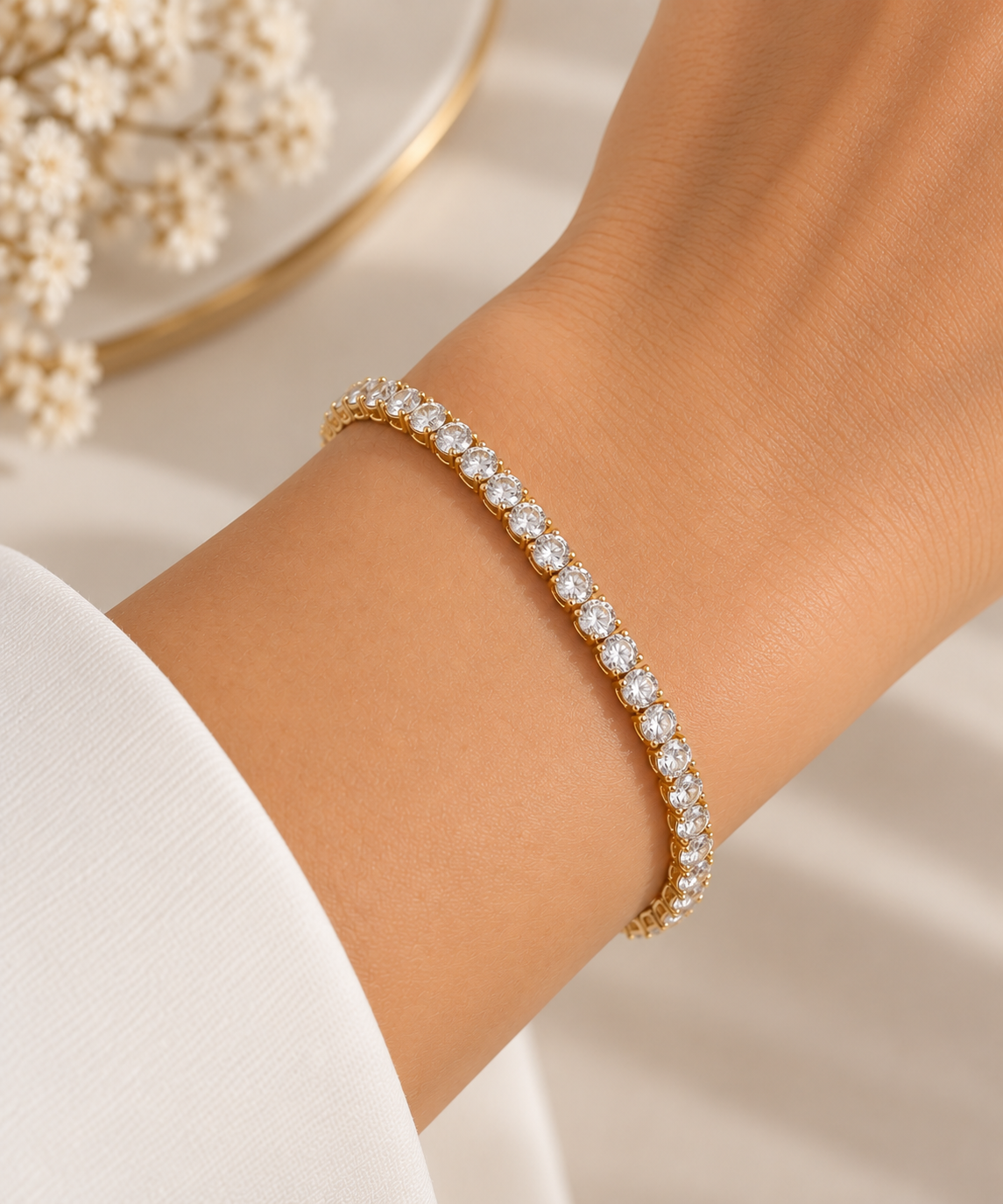 Pulseira Riviera Três Pontas Cristal Ouro 18k