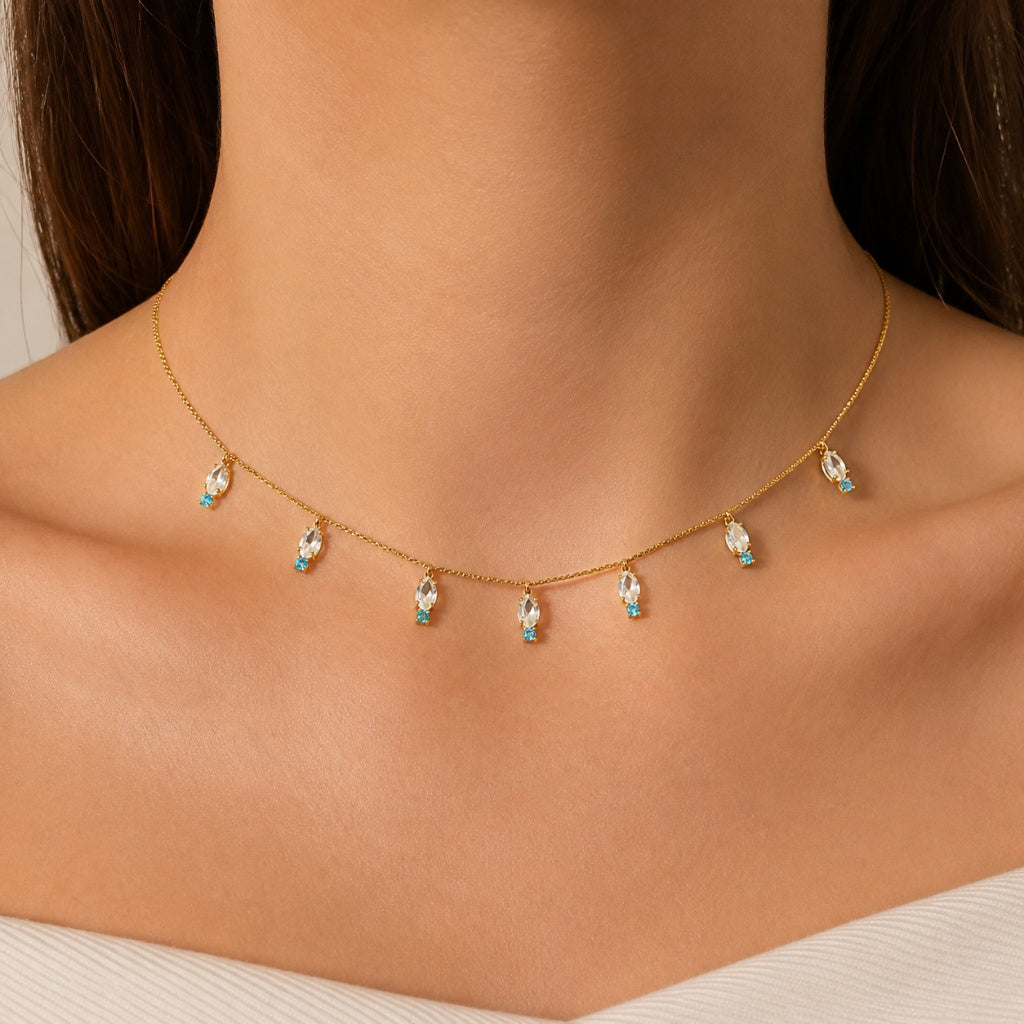 Choker Veneziana Pedra Azul Ouro 18k