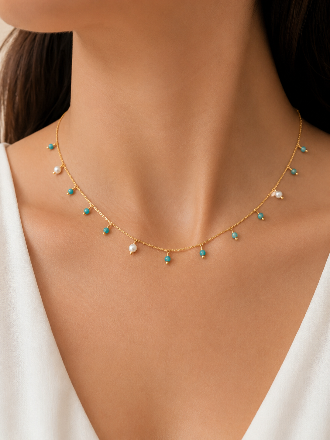 Choker Rondell com Pedra Natural Turquesa e Pérola Ouro 18k