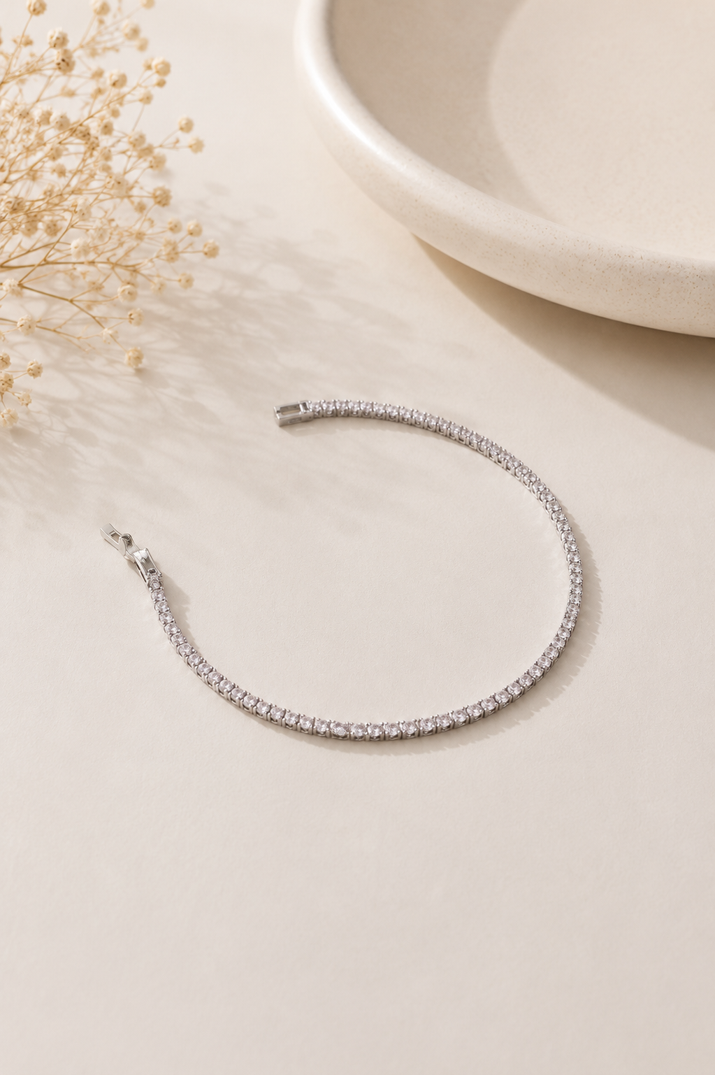 Pulseira Riviera Quartzo Rosa 2mm Ródio Branco